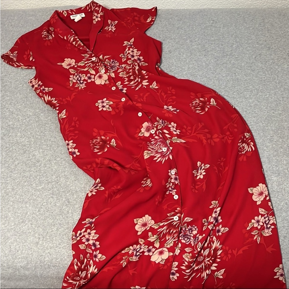 Vintage Y2K Maxi Floral Dress Medium Modest Button Red Grunge Feminine Romantic
